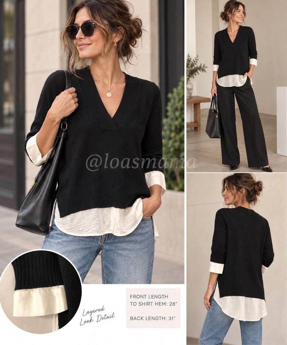 Brochu Walker Cotton Cashmere Layered Look Sweater Black Ivory Size L Career Qui
